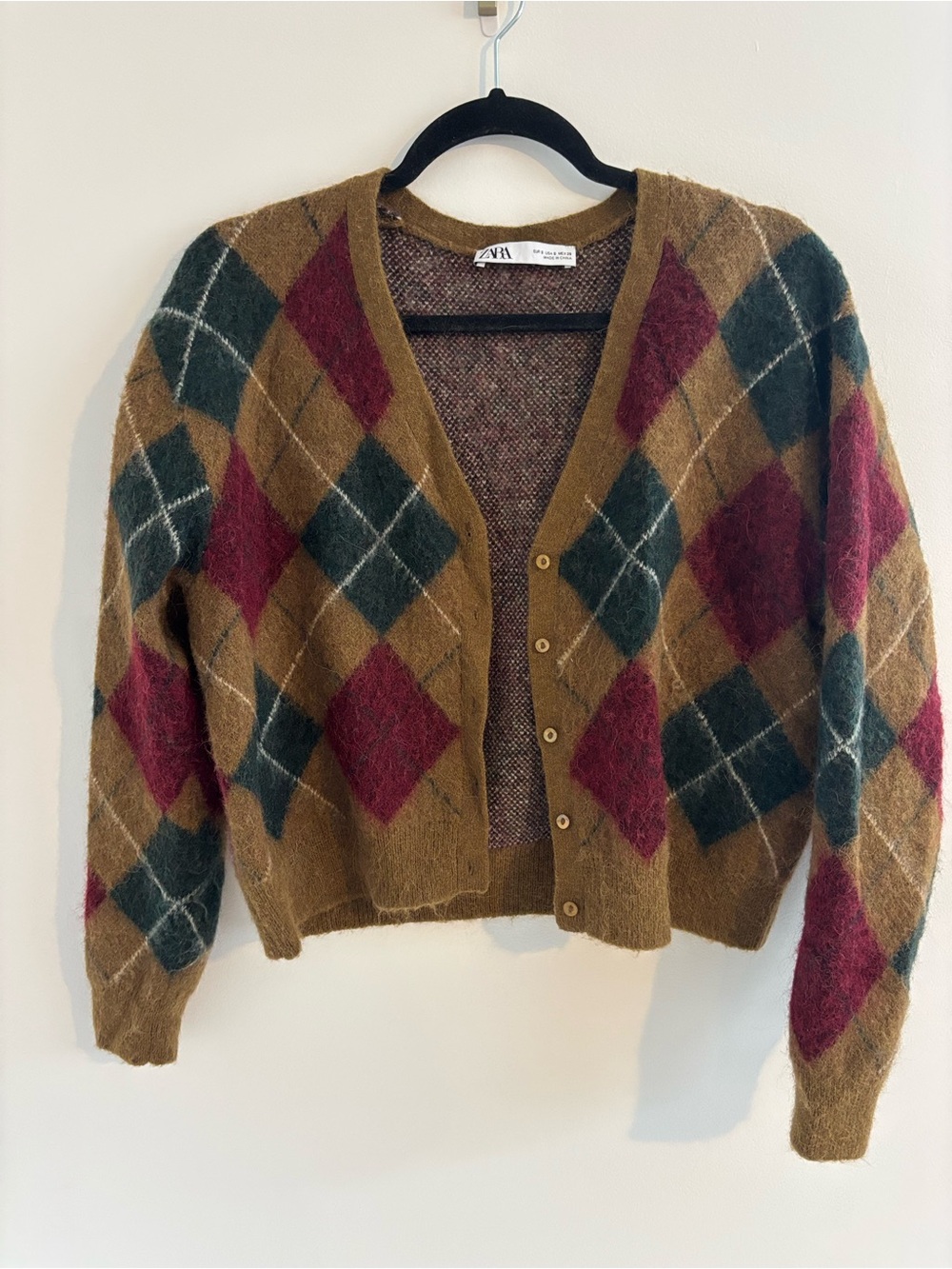 Zara Brown Argyle Button-Up Cardigan with Green and Burgundy Diamonds